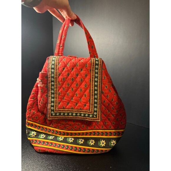 Vintage Red Quilted Cotton Backpack Purse Folk Floral Drawstring Tote Bag 13" - Picture 1 of 9